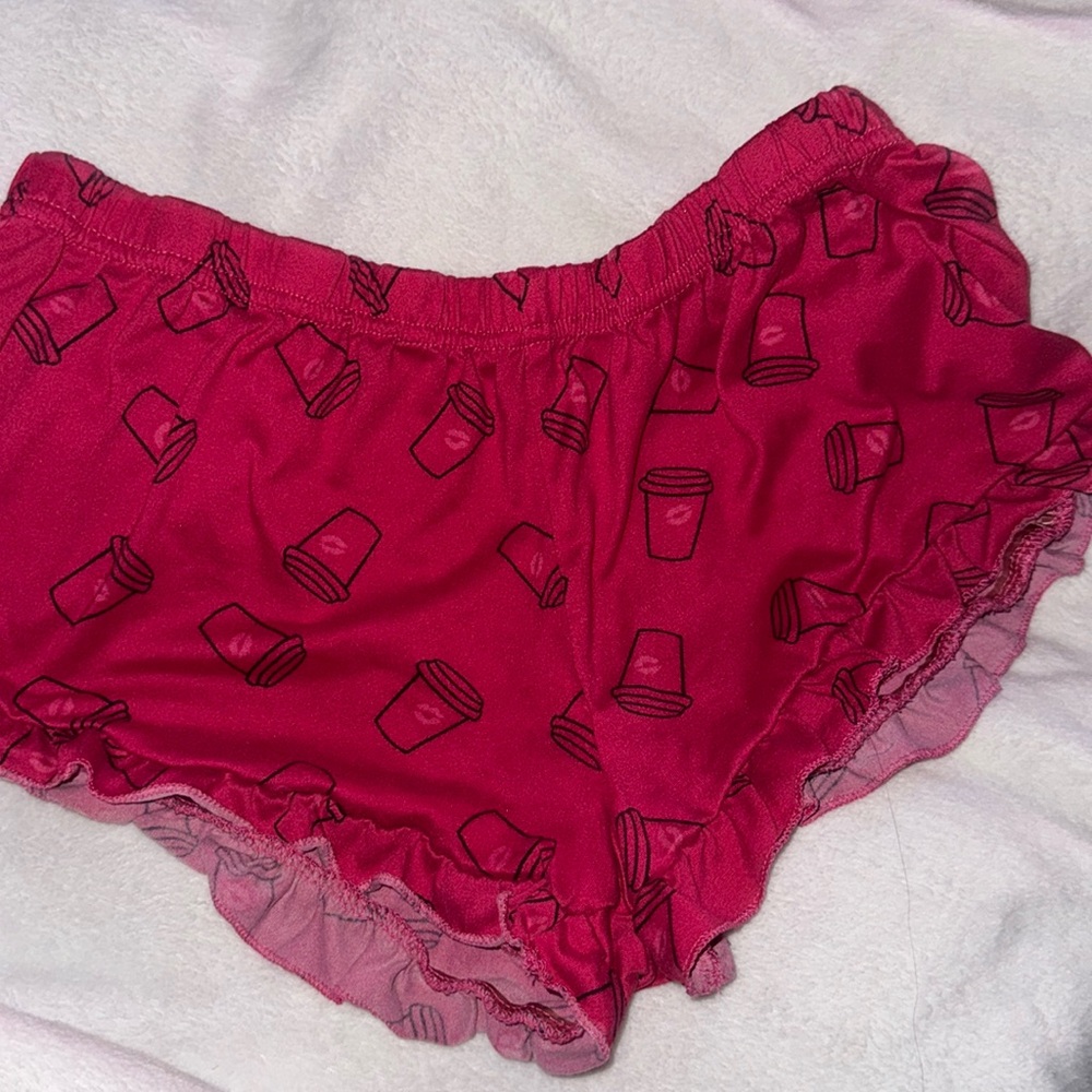 magenta coffee cups with kissy marks pj shorts